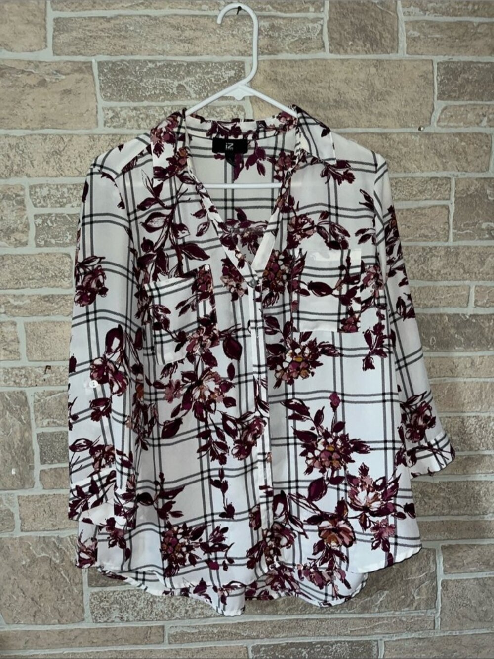 Iz Byer White Button-Down Blouse with Burgundy Floral Plaid